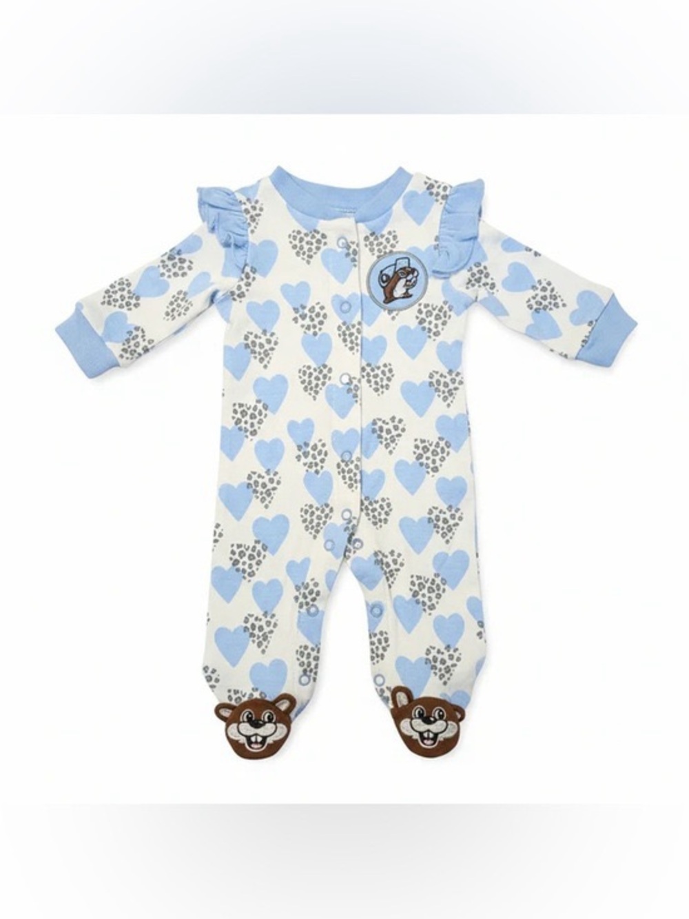 Buc-ee's blue baby beaver footed sleeper heart leopard print long sleeve 6 month